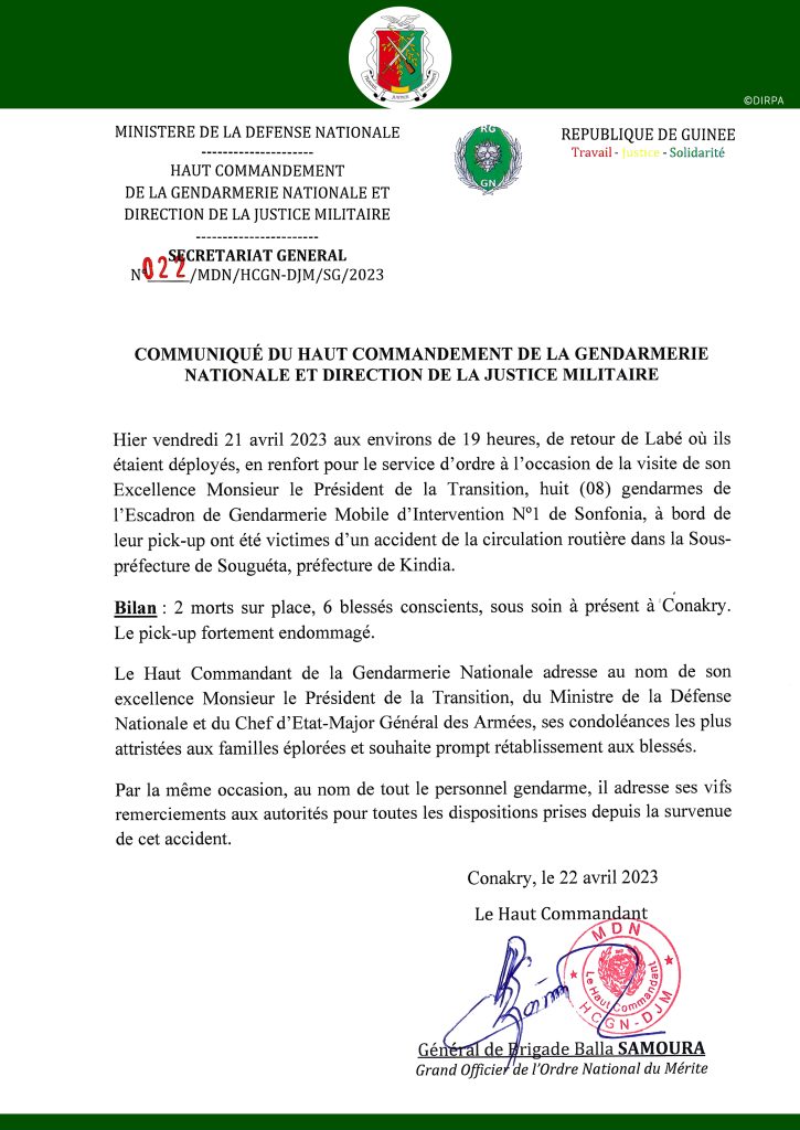COMMUNIQUÉ DU HAUT COMMANDEMENT DE LA GENDARMERIE NATIONALE ET DIRECTION DE LA JUSTICE MILITAIRE